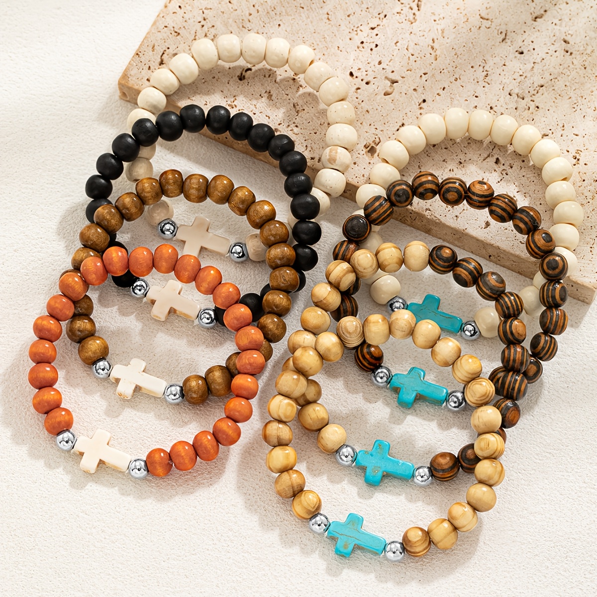 8pc Bohemian Colorful Patterned Wooden Bead Stackable Bracelet Set